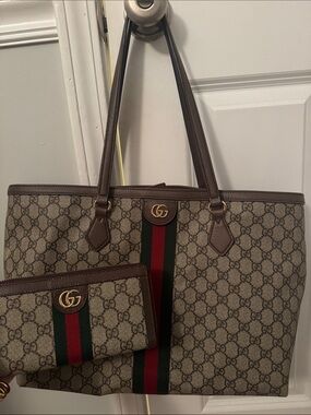 Gucci Brown & Beige GG Supreme Tote with Green-Red Web Stripe with wallet